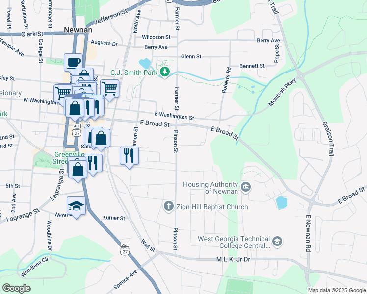 map of restaurants, bars, coffee shops, grocery stores, and more near 5 Smith Street in Newnan