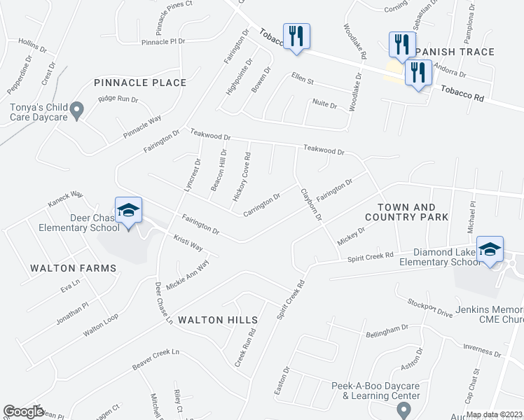 map of restaurants, bars, coffee shops, grocery stores, and more near 2616 Carrington Drive in Hephzibah