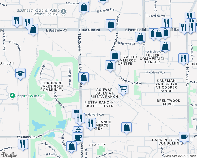 map of restaurants, bars, coffee shops, grocery stores, and more near 1470 West Houston Avenue in Gilbert