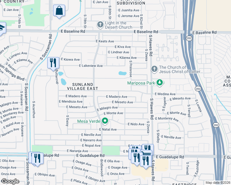 map of restaurants, bars, coffee shops, grocery stores, and more near 8133 East Medina Avenue in Mesa