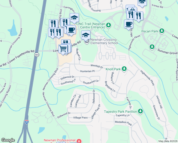 map of restaurants, bars, coffee shops, grocery stores, and more near 354 Hunterian Place in Newnan