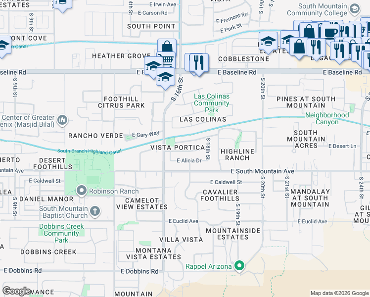 map of restaurants, bars, coffee shops, grocery stores, and more near 1642 East Desert Lane in Phoenix