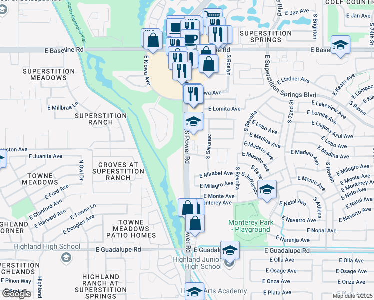 map of restaurants, bars, coffee shops, grocery stores, and more near 6840 East Madero Avenue in Mesa