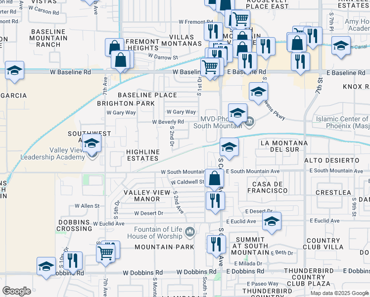 map of restaurants, bars, coffee shops, grocery stores, and more near 207 West Latona Road in Phoenix