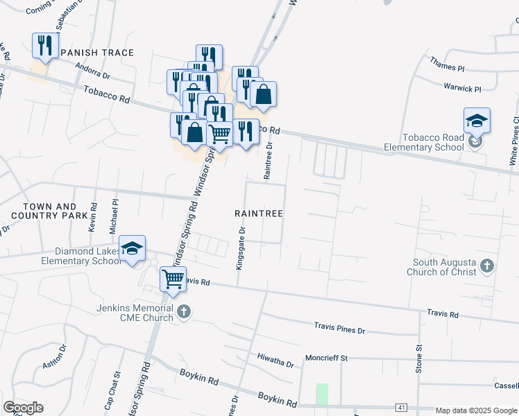 map of restaurants, bars, coffee shops, grocery stores, and more near 3705 Tahitian Trail in Hephzibah