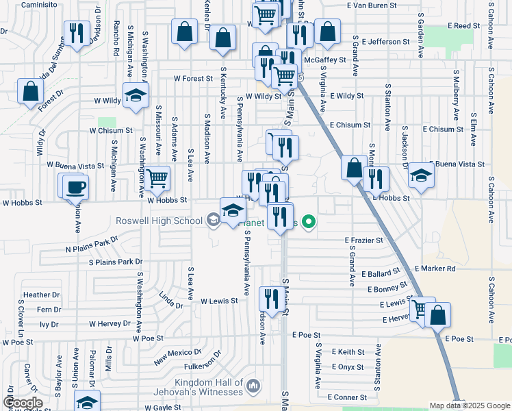 map of restaurants, bars, coffee shops, grocery stores, and more near 202 West Hobbs Street in Roswell
