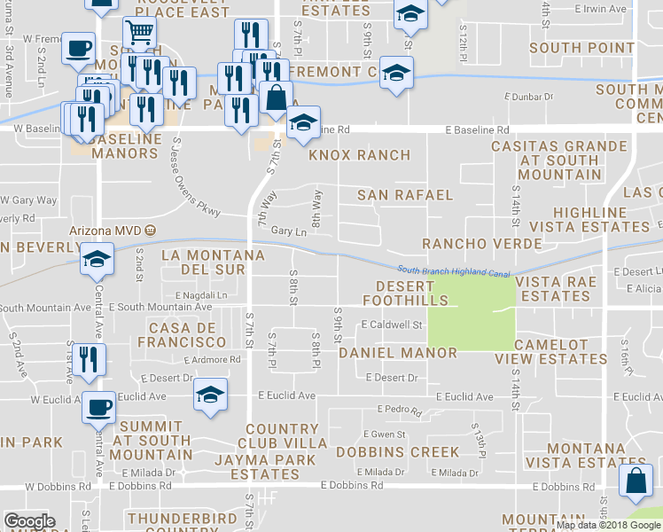 map of restaurants, bars, coffee shops, grocery stores, and more near 8202 South 9th Street in Phoenix