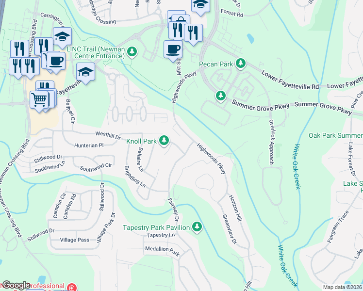 map of restaurants, bars, coffee shops, grocery stores, and more near 4 Knoll Park in Newnan