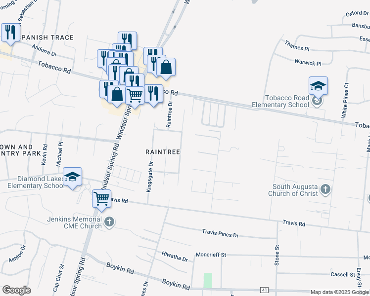 map of restaurants, bars, coffee shops, grocery stores, and more near 3726 Rio Ridge Drive in Hephzibah