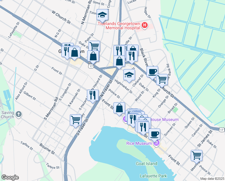 map of restaurants, bars, coffee shops, grocery stores, and more near 209 Dozier Street in Georgetown