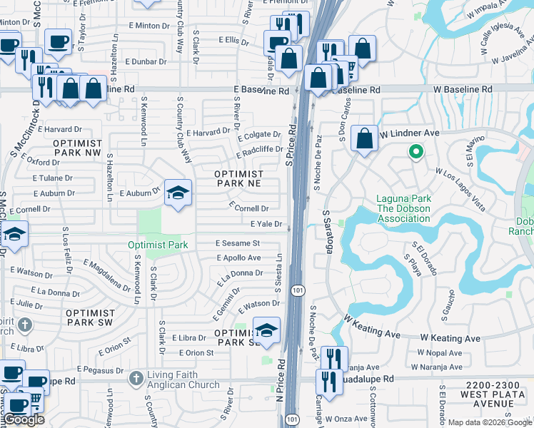map of restaurants, bars, coffee shops, grocery stores, and more near 2138 East Yale Drive in Tempe