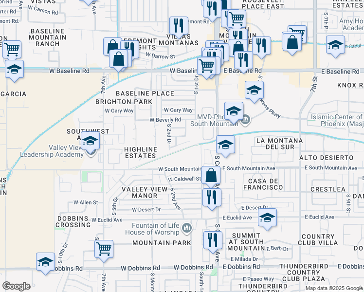 map of restaurants, bars, coffee shops, grocery stores, and more near 207 West Latona Road in Phoenix