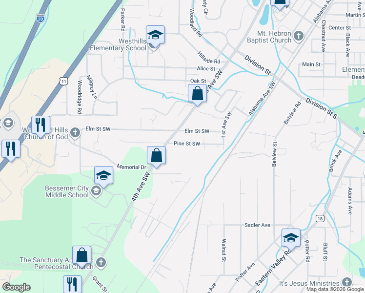 map of restaurants, bars, coffee shops, grocery stores, and more near 224 Pine Street in Bessemer
