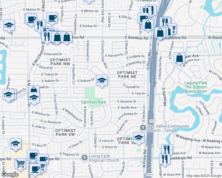 map of restaurants, bars, coffee shops, grocery stores, and more near 2004 East Yale Drive in Tempe