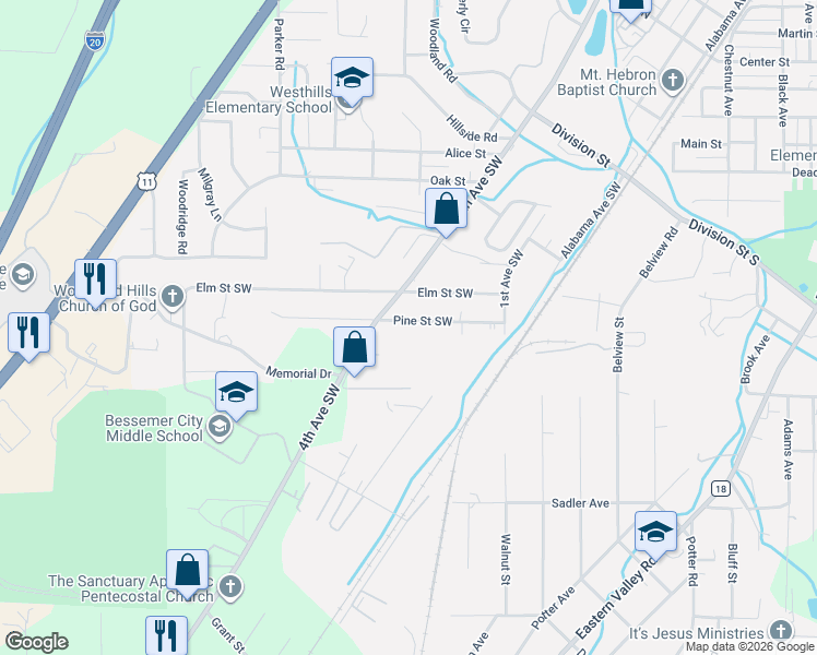 map of restaurants, bars, coffee shops, grocery stores, and more near 224 Pine Street in Bessemer
