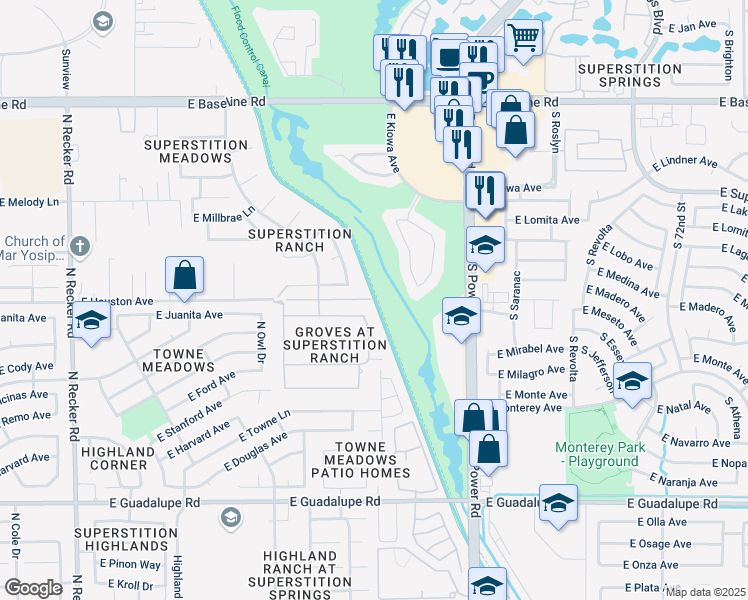 map of restaurants, bars, coffee shops, grocery stores, and more near Roosevelt WCD Canal Road in Gilbert