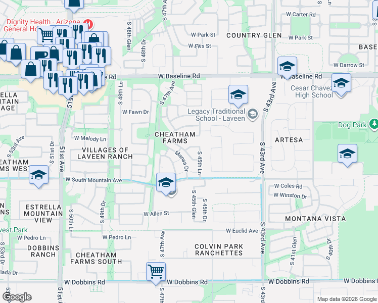 map of restaurants, bars, coffee shops, grocery stores, and more near 8213 South Jenna Lane in Phoenix