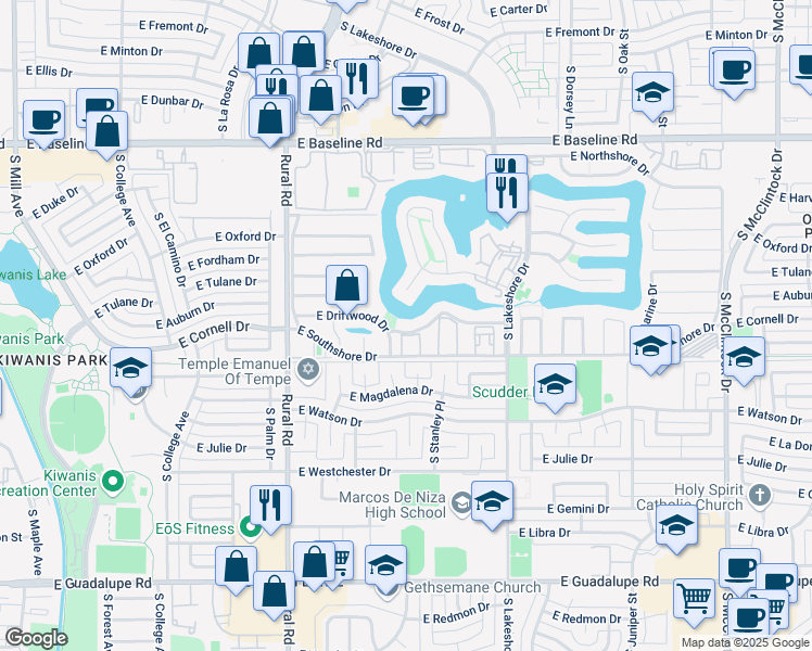 map of restaurants, bars, coffee shops, grocery stores, and more near 1012 East Driftwood Drive in Tempe