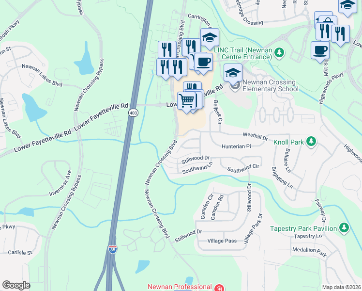 map of restaurants, bars, coffee shops, grocery stores, and more near 126 Seabreeze Trail in Newnan