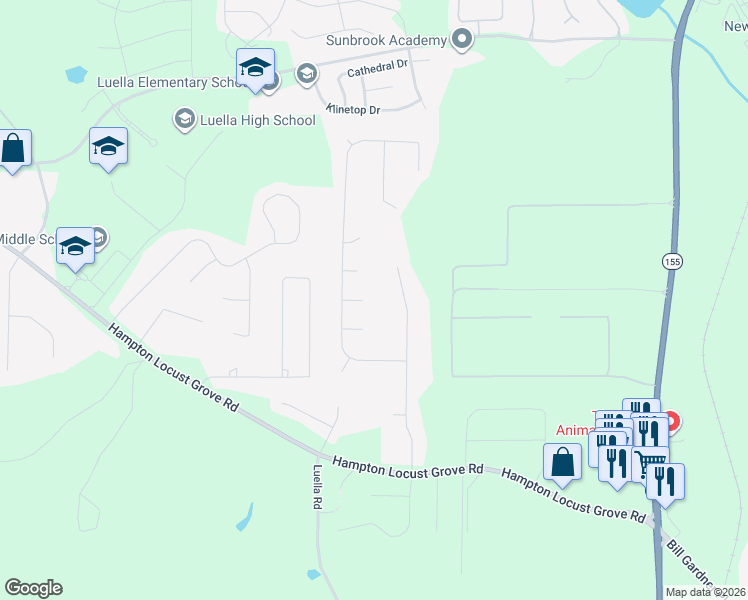 map of restaurants, bars, coffee shops, grocery stores, and more near 712 Gatwick Court in Locust Grove