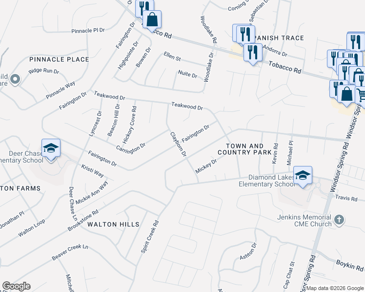map of restaurants, bars, coffee shops, grocery stores, and more near 3869 Fairington Drive in Hephzibah