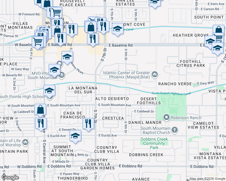 map of restaurants, bars, coffee shops, grocery stores, and more near 802 East Desert Lane in Phoenix
