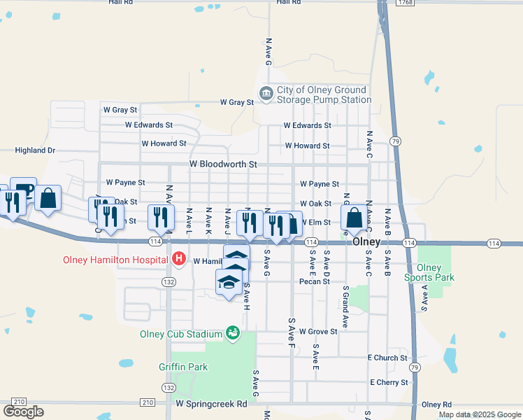 map of restaurants, bars, coffee shops, grocery stores, and more near 200 North Avenue H in Olney