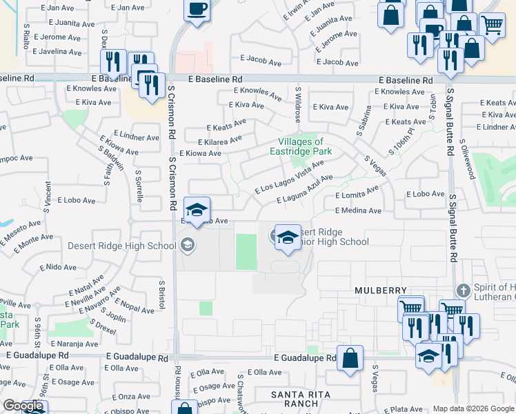 map of restaurants, bars, coffee shops, grocery stores, and more near 10210 East Laguna Azul Avenue in Mesa
