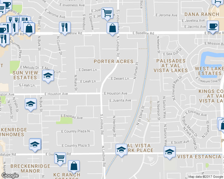 map of restaurants, bars, coffee shops, grocery stores, and more near 828 East Houston Avenue in Gilbert