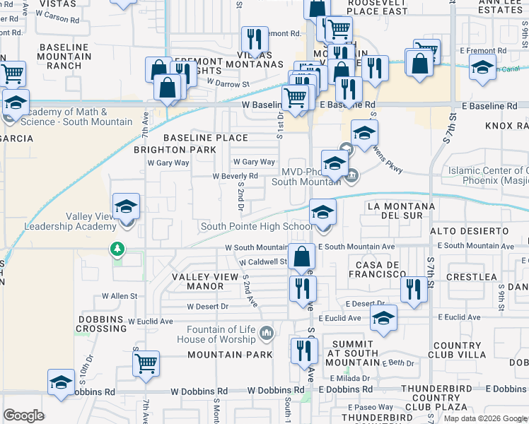 map of restaurants, bars, coffee shops, grocery stores, and more near 124 West Highline Canal Street in Phoenix