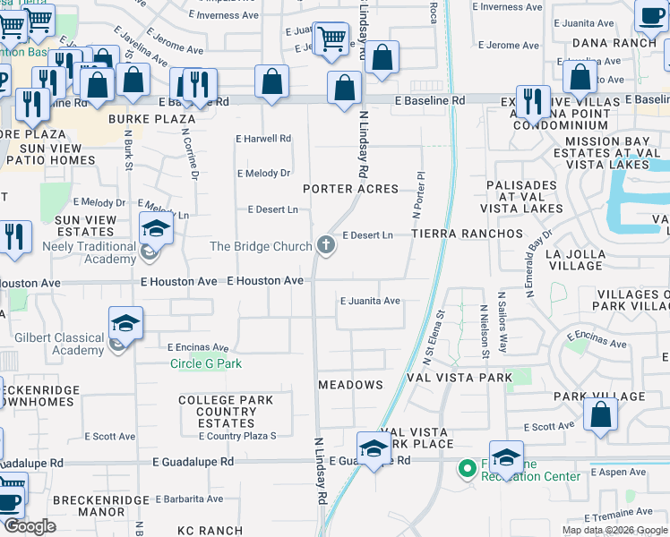 map of restaurants, bars, coffee shops, grocery stores, and more near 828 East Houston Avenue in Gilbert