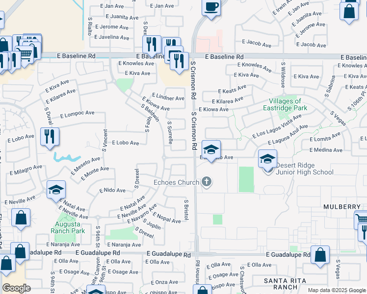 map of restaurants, bars, coffee shops, grocery stores, and more near 9953 East Medina Avenue in Mesa