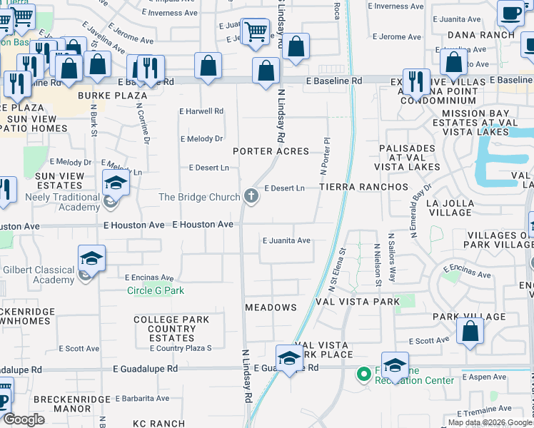 map of restaurants, bars, coffee shops, grocery stores, and more near 828 East Houston Avenue in Gilbert