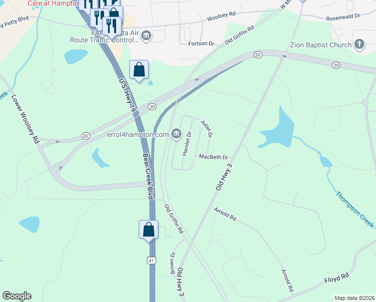map of restaurants, bars, coffee shops, grocery stores, and more near 521 Hamlet Drive in Hampton