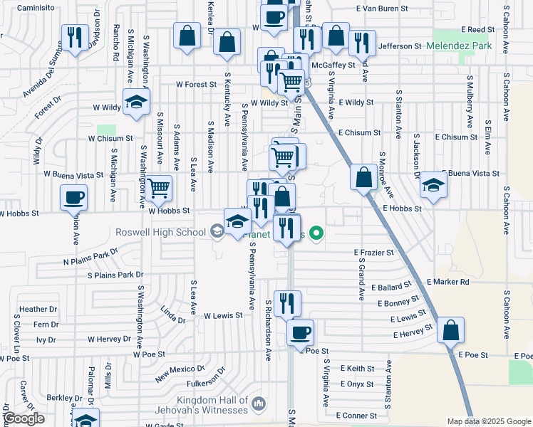 map of restaurants, bars, coffee shops, grocery stores, and more near 200 West Hobbs Street in Roswell