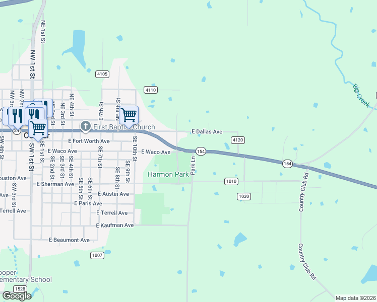 map of restaurants, bars, coffee shops, grocery stores, and more near City Park Road in Cooper