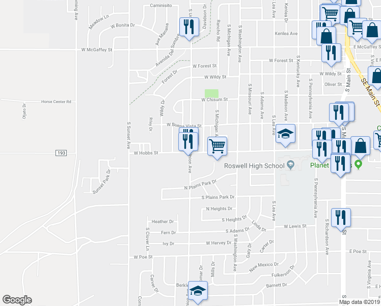 map of restaurants, bars, coffee shops, grocery stores, and more near 1701 South Union Avenue in Roswell