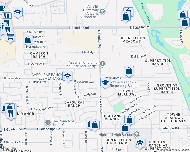 map of restaurants, bars, coffee shops, grocery stores, and more near 17533-17571 East Houston Avenue in Gilbert