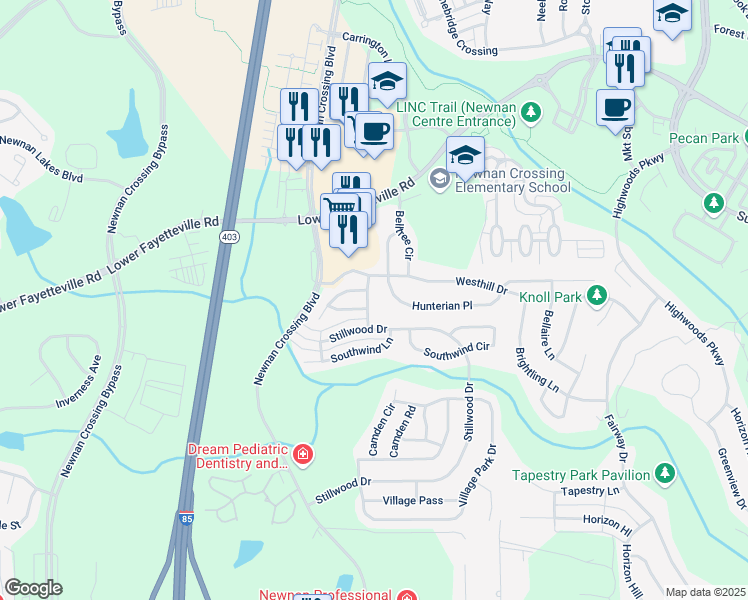 map of restaurants, bars, coffee shops, grocery stores, and more near 126 Seabreeze Way in Newnan