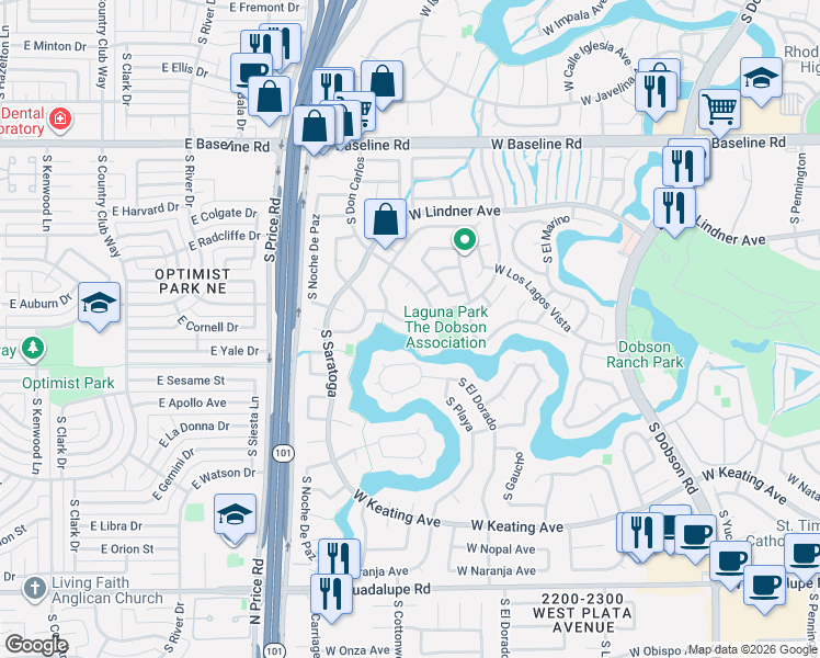 map of restaurants, bars, coffee shops, grocery stores, and more near 2338 South Playa in Mesa