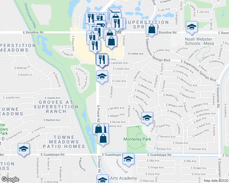 map of restaurants, bars, coffee shops, grocery stores, and more near 6910 East Madero Avenue in Mesa
