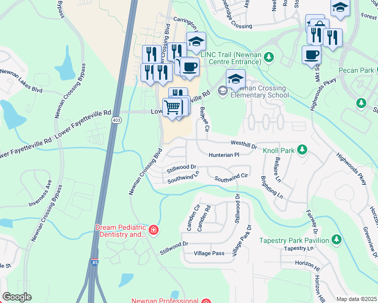 map of restaurants, bars, coffee shops, grocery stores, and more near 126 Seabreeze Way in Newnan