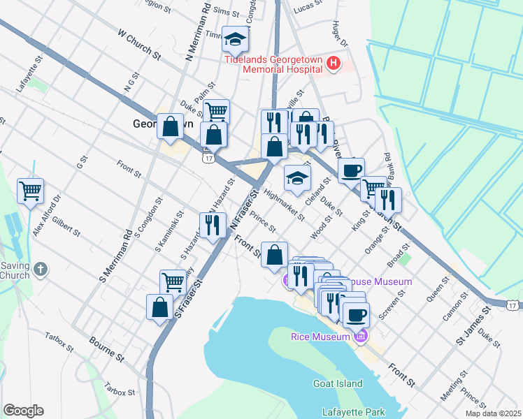 map of restaurants, bars, coffee shops, grocery stores, and more near 209 Dozier Street in Georgetown