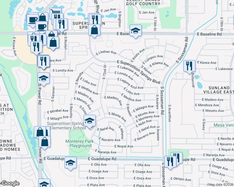 map of restaurants, bars, coffee shops, grocery stores, and more near 7329 East Medina Avenue in Mesa