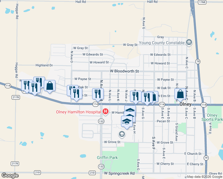 map of restaurants, bars, coffee shops, grocery stores, and more near 804 West Elm Street in Olney