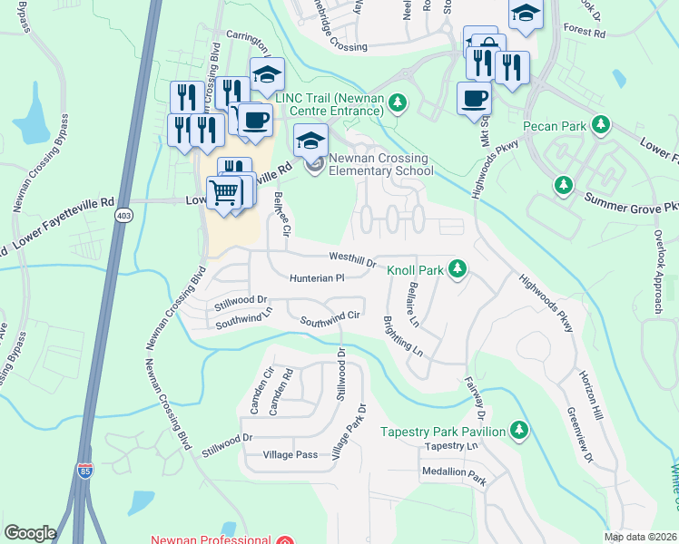 map of restaurants, bars, coffee shops, grocery stores, and more near 326 Hunterian Place in Newnan