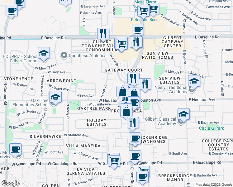 map of restaurants, bars, coffee shops, grocery stores, and more near 1295 North Ash Street in Gilbert