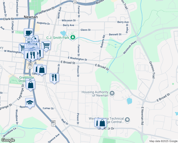 map of restaurants, bars, coffee shops, grocery stores, and more near 20 Smith Street in Newnan