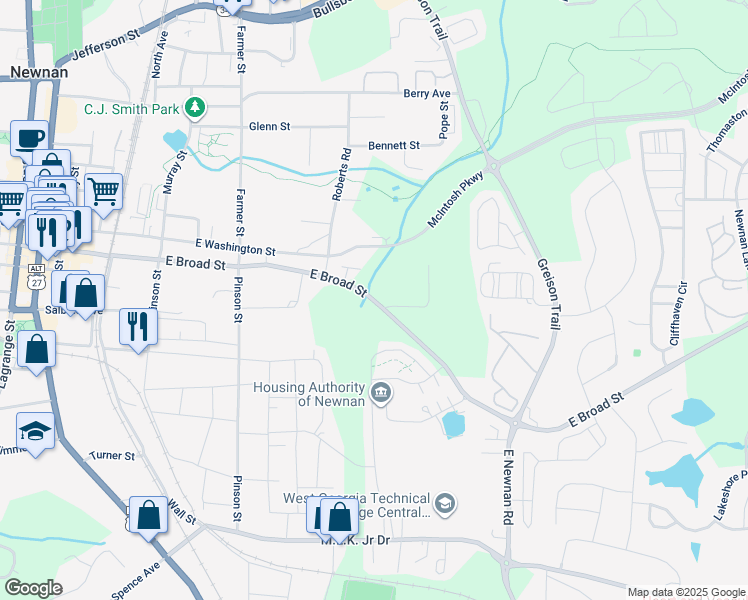 map of restaurants, bars, coffee shops, grocery stores, and more near 408 East Broad Street in Newnan