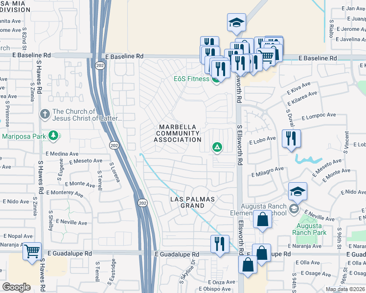 map of restaurants, bars, coffee shops, grocery stores, and more near 1st Street in Mesa